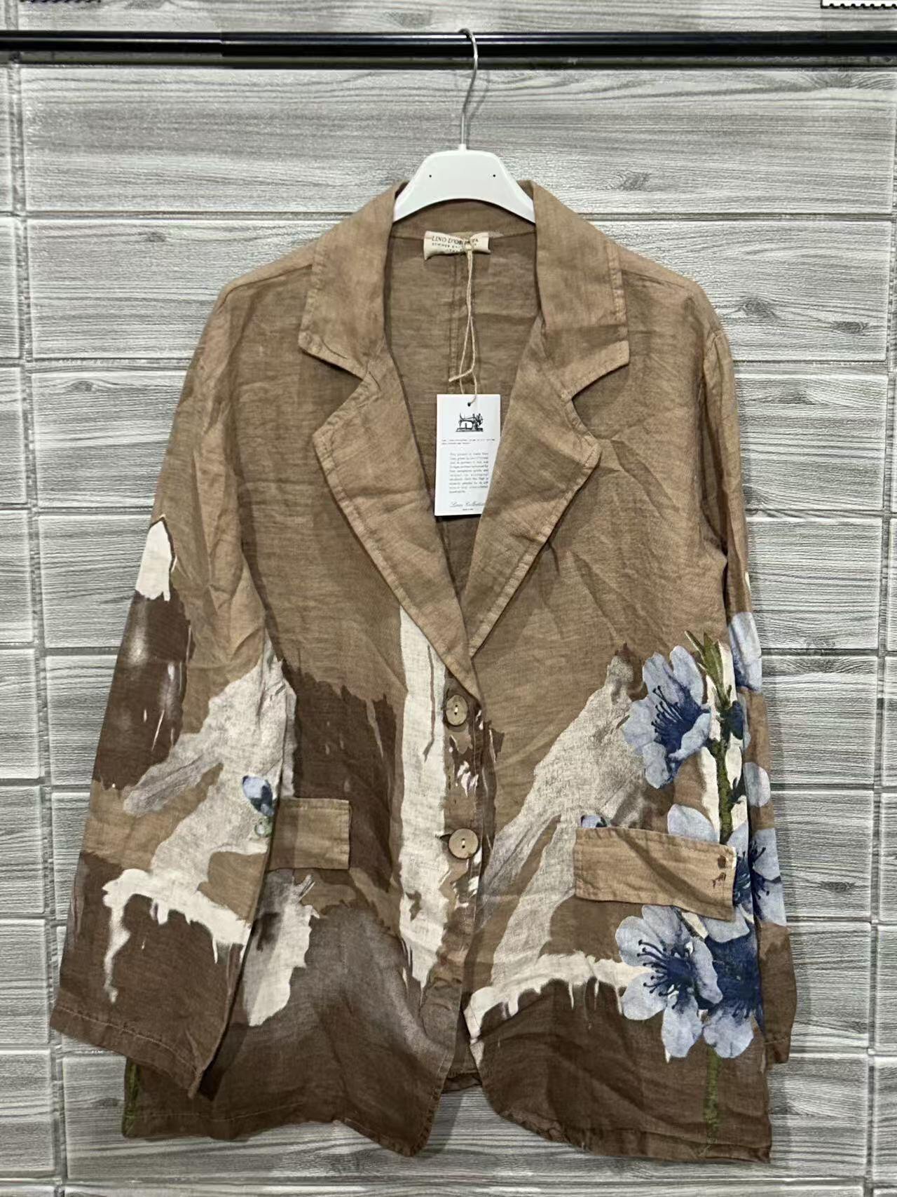 ZOB9CM Watercolor Floral Linen Blazer Caramel