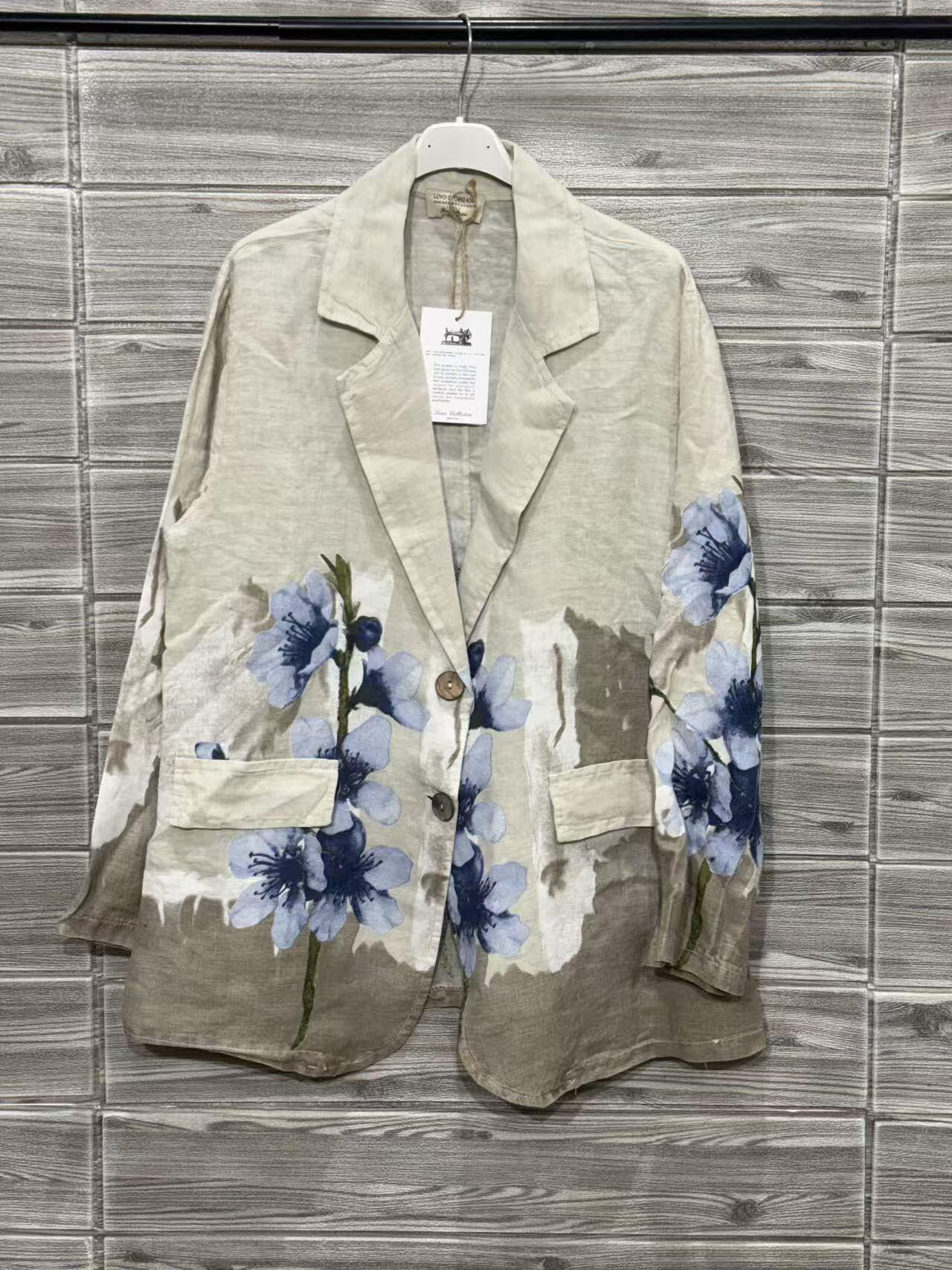 ZOB9EC Watercolor Floral Linen Blazer Ecru