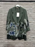 ZOB9KH Watercolor Floral Linen Blazer Khaki