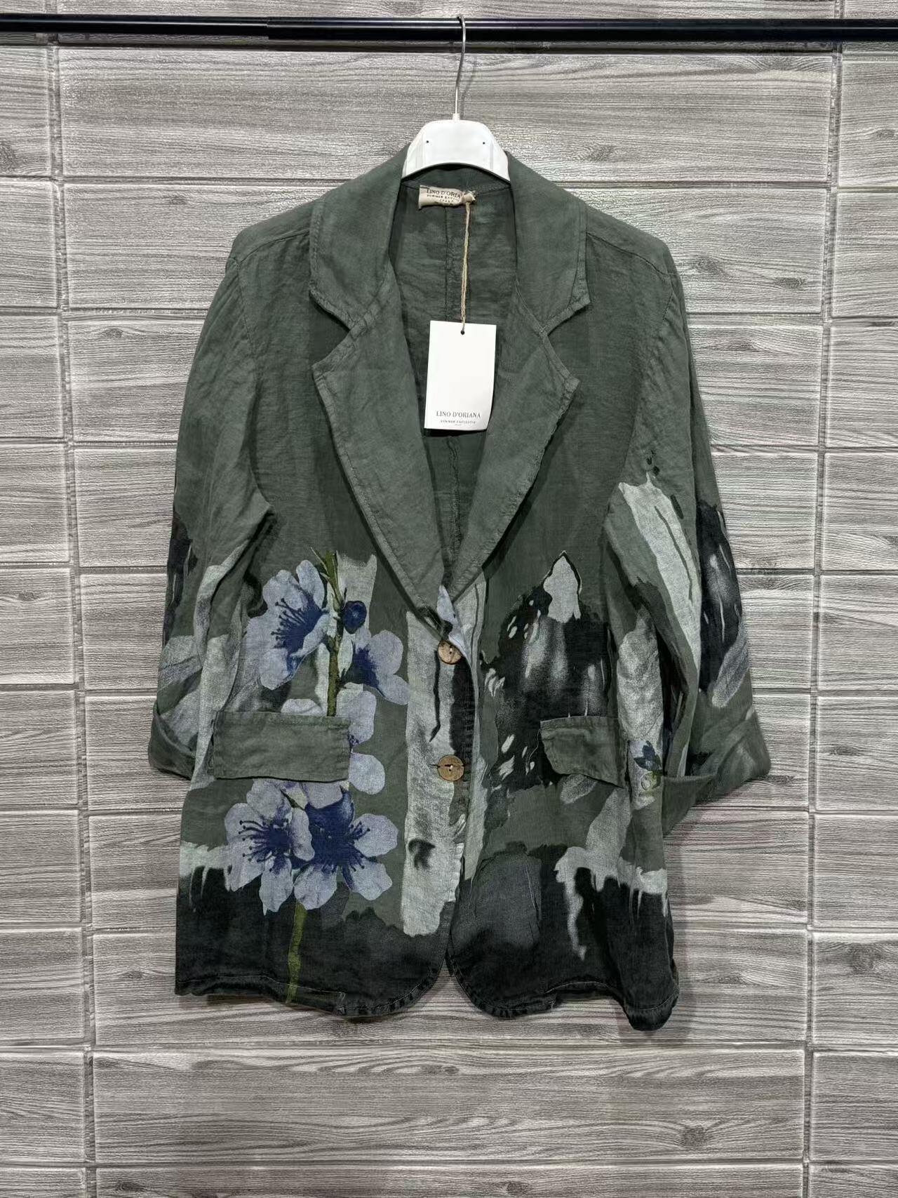 ZOB9KH Watercolor Floral Linen Blazer Khaki