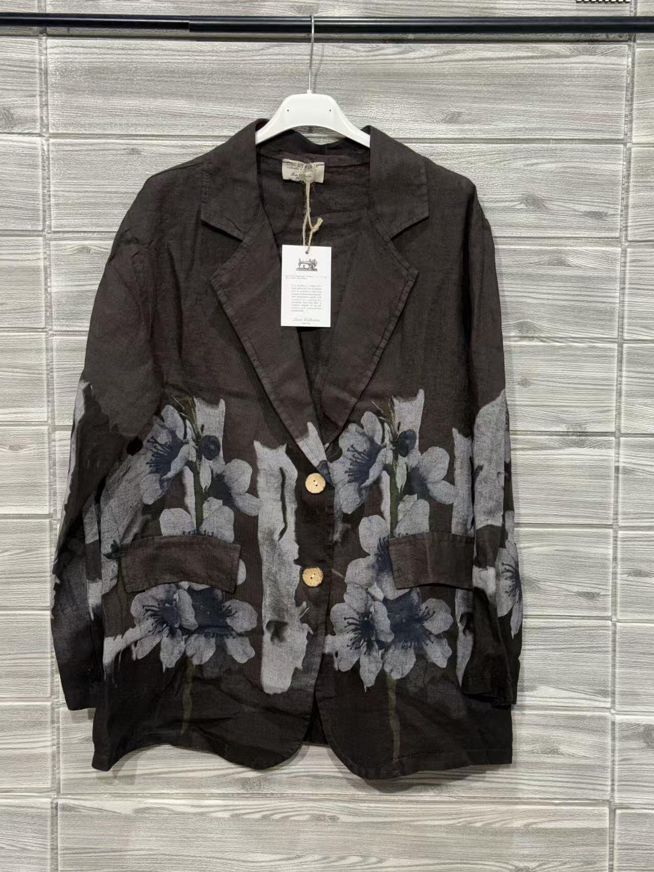 ZOB9BR Watercolor Floral Linen Blazer Brown
