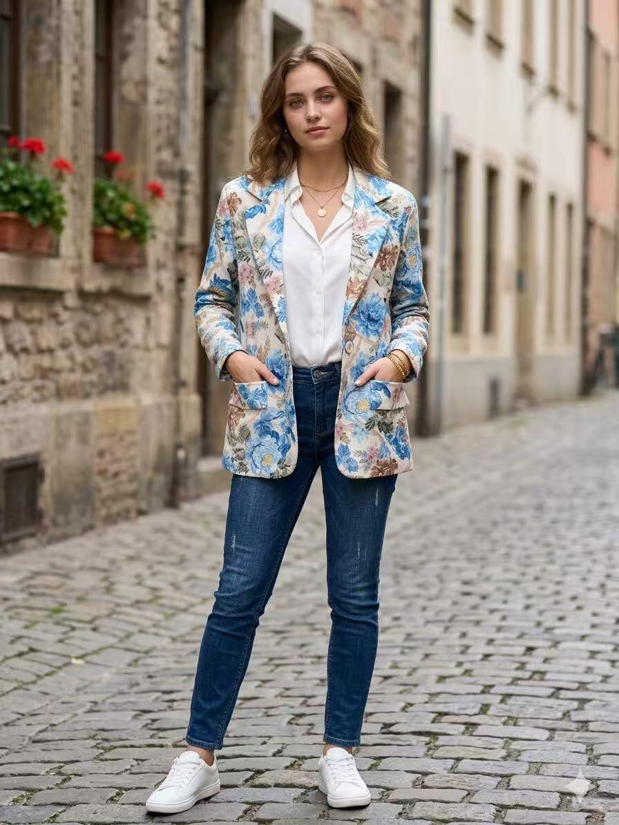 ZOB1SB Floral Print Blazer Sky Blue