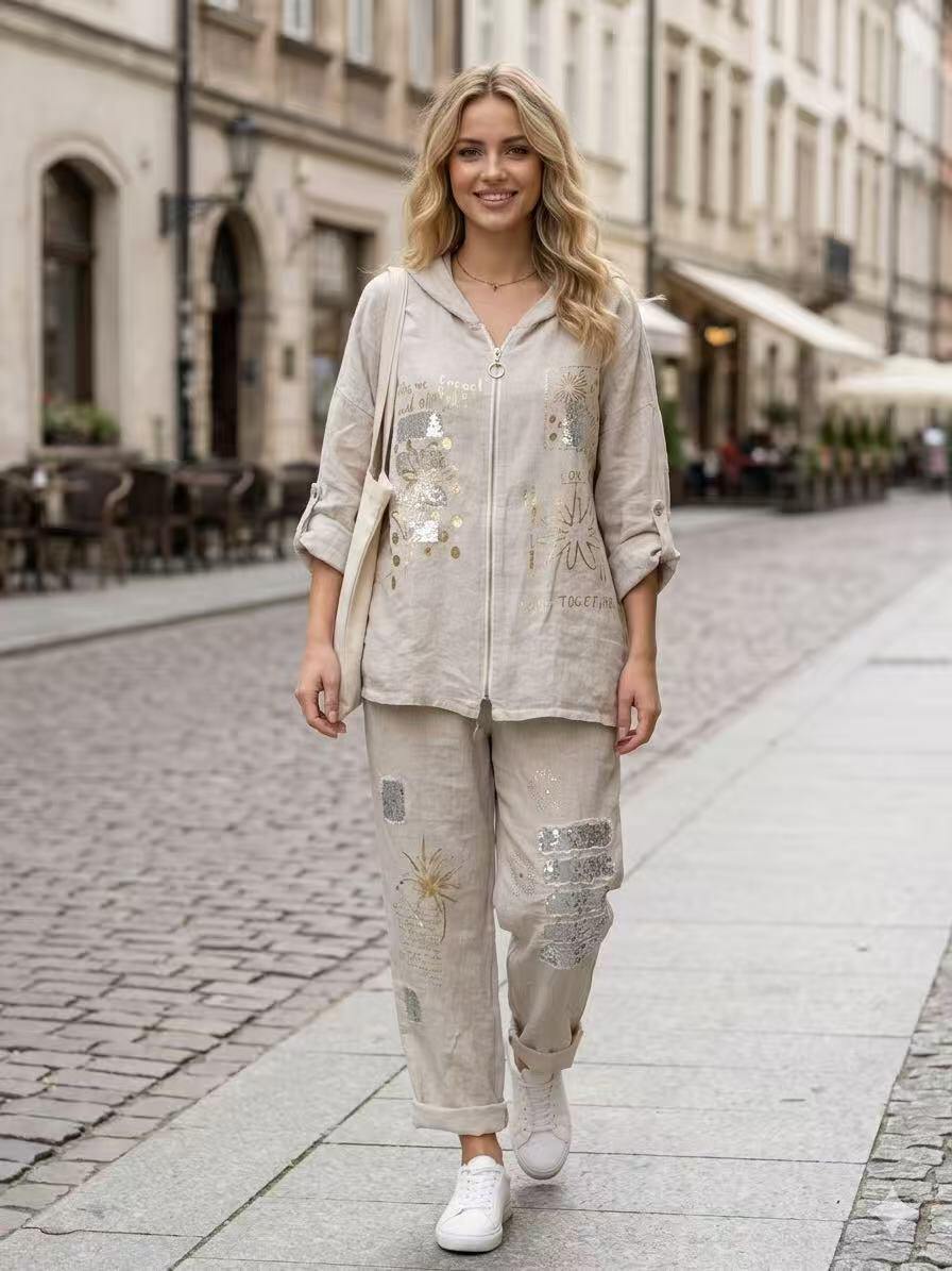 ZOJK1BE Gold Foil Print Linen Jacket Beige