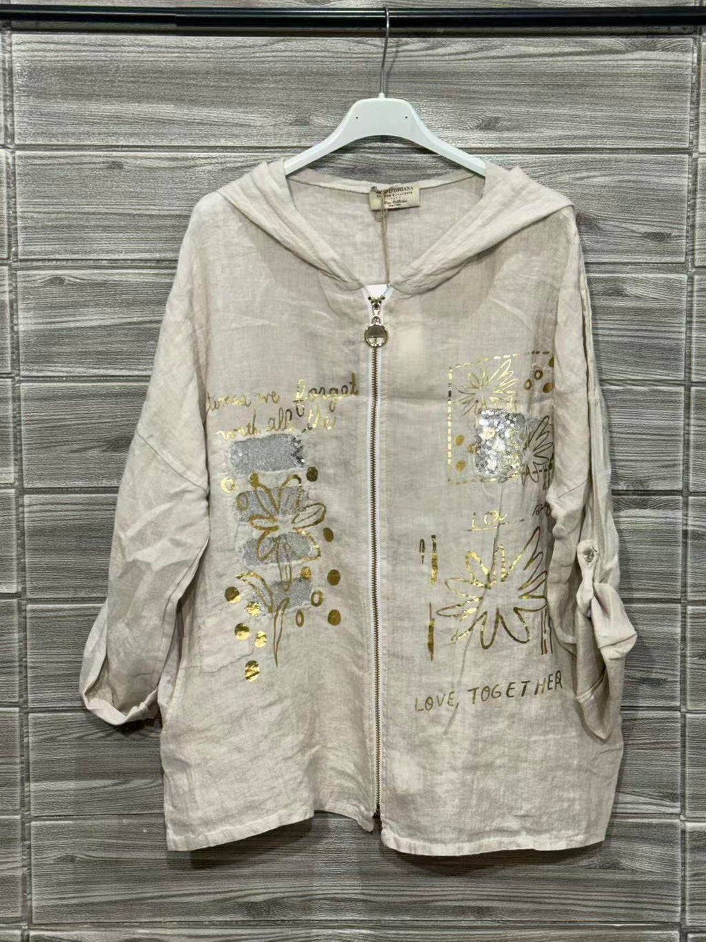 ZOJK1BE Gold Foil Print Linen Jacket Beige