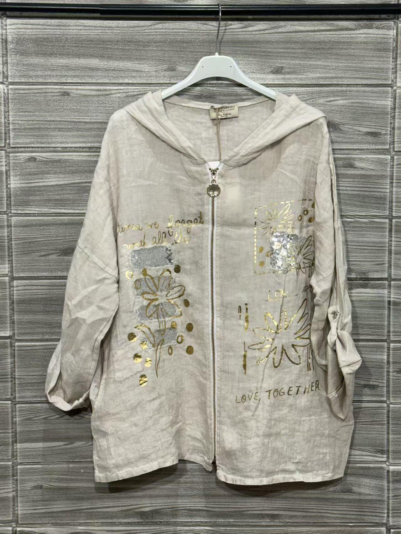 ZOJK1BE Gold Foil Print Linen Jacket Beige