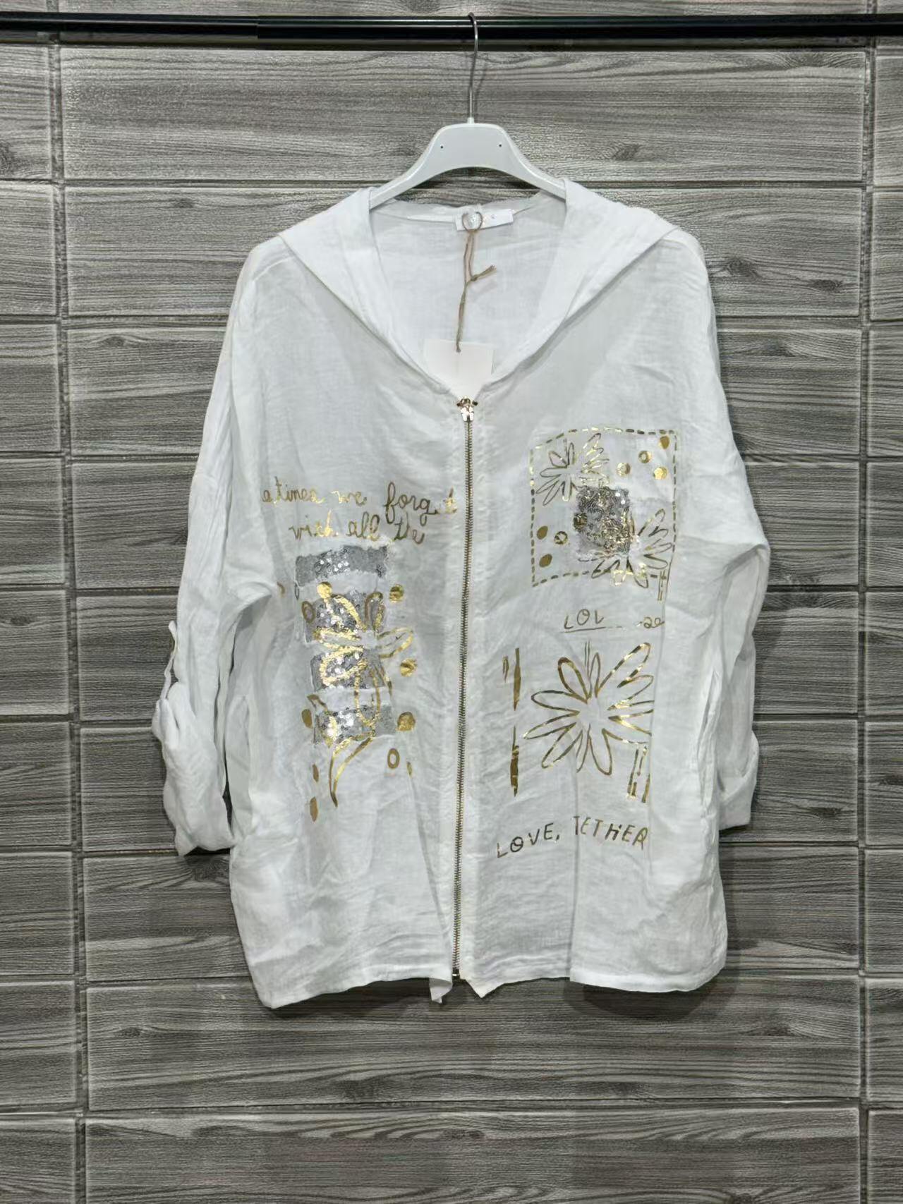 ZOJK1WH Gold Foil Print Linen Jacket White
