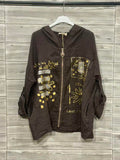 ZOJK1DN Gold Foil Print Linen Jacket Dark Brown