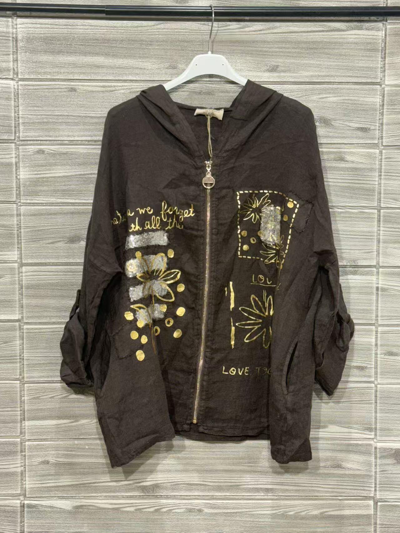 ZOJK1DN Gold Foil Print Linen Jacket Dark Brown