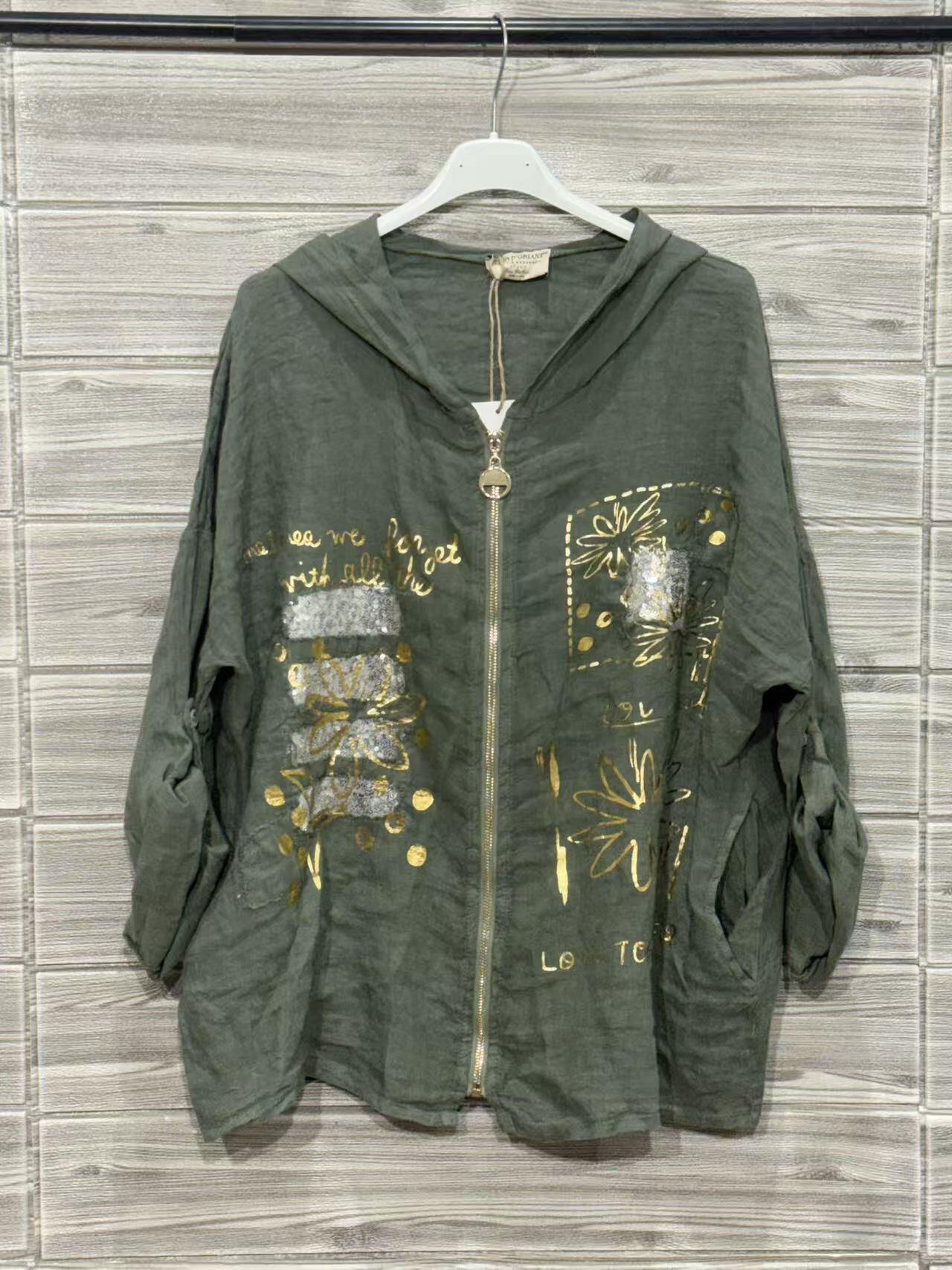 ZOJK1KH Gold Foil Print Linen Jacket Khaki