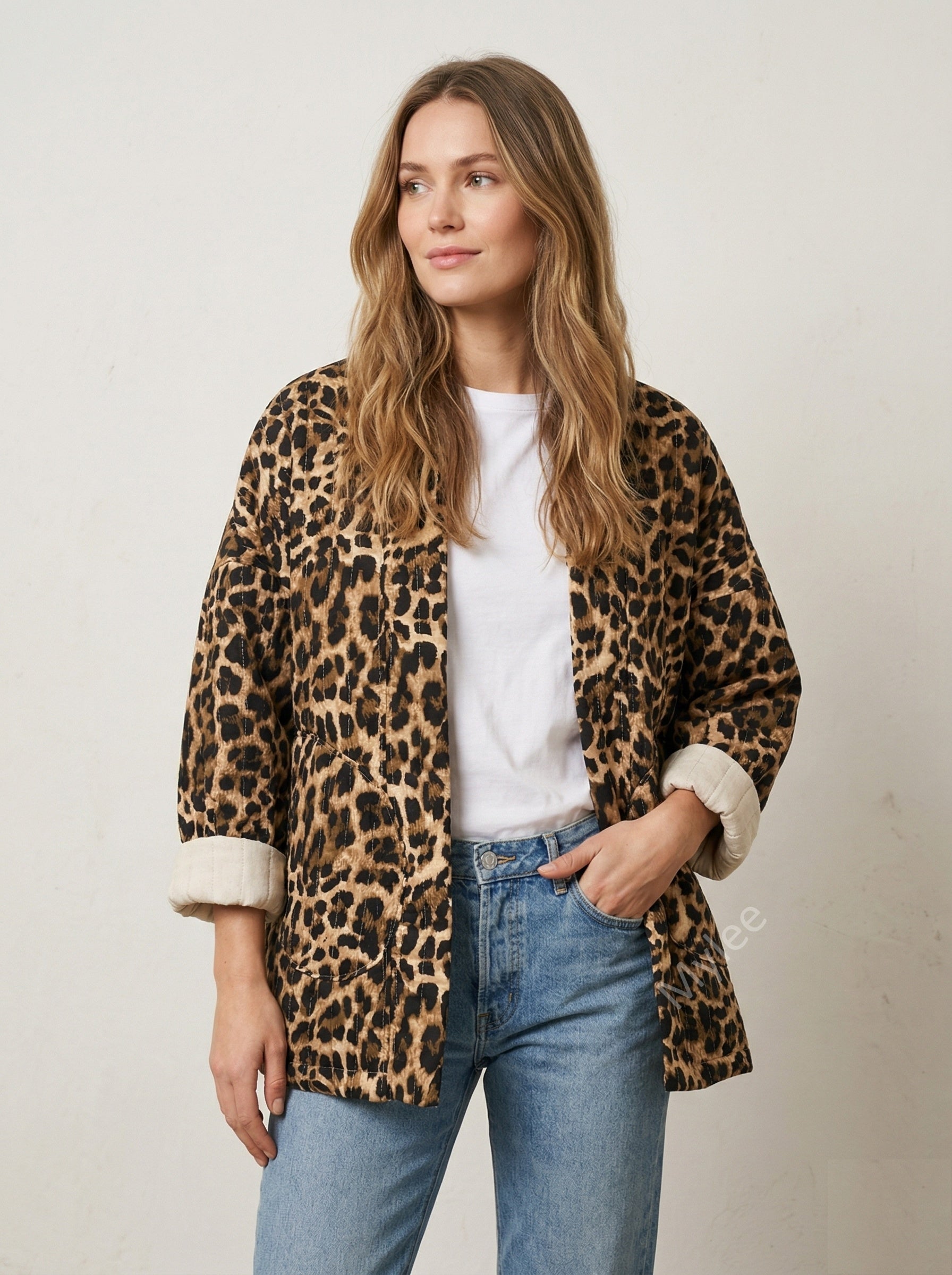MYLPQJBG Leopard Print Quilted Jacket Beige