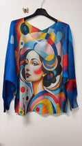 VI323 Multicolor Cubist Portrait Round Knit Printed Sweater