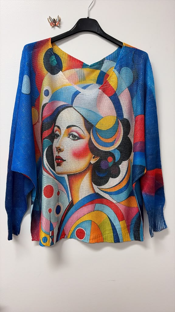VI323 Multicolor Cubist Portrait Round Knit Printed Sweater