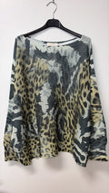 VI326 Olive Grey Leopard Round Knit Printed Sweater
