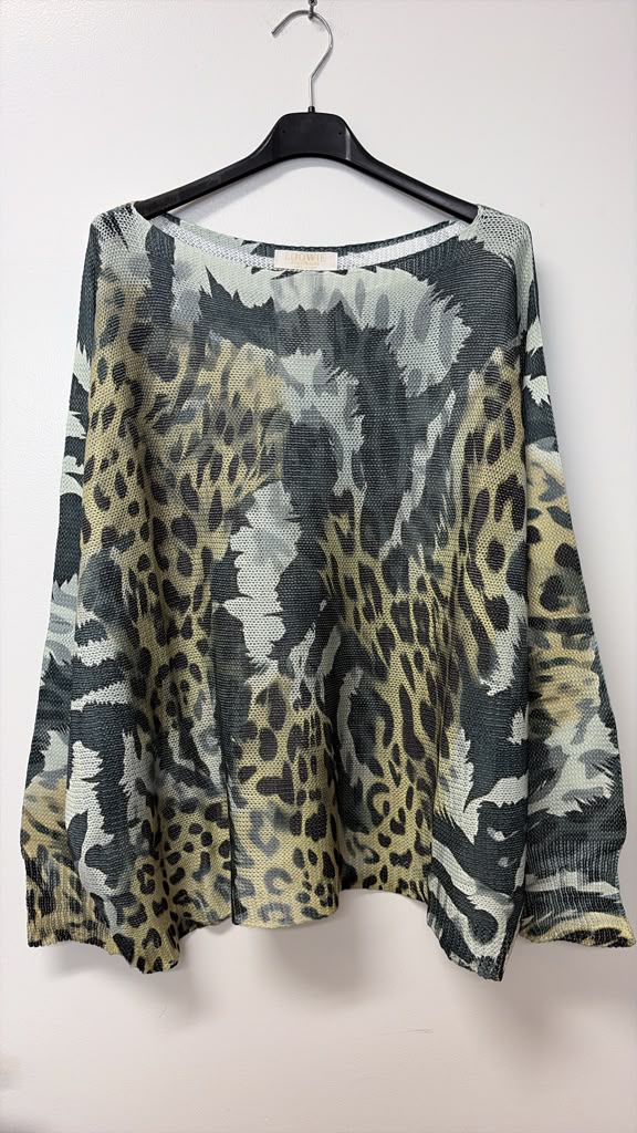 VI326 Olive Grey Leopard Round Knit Printed Sweater