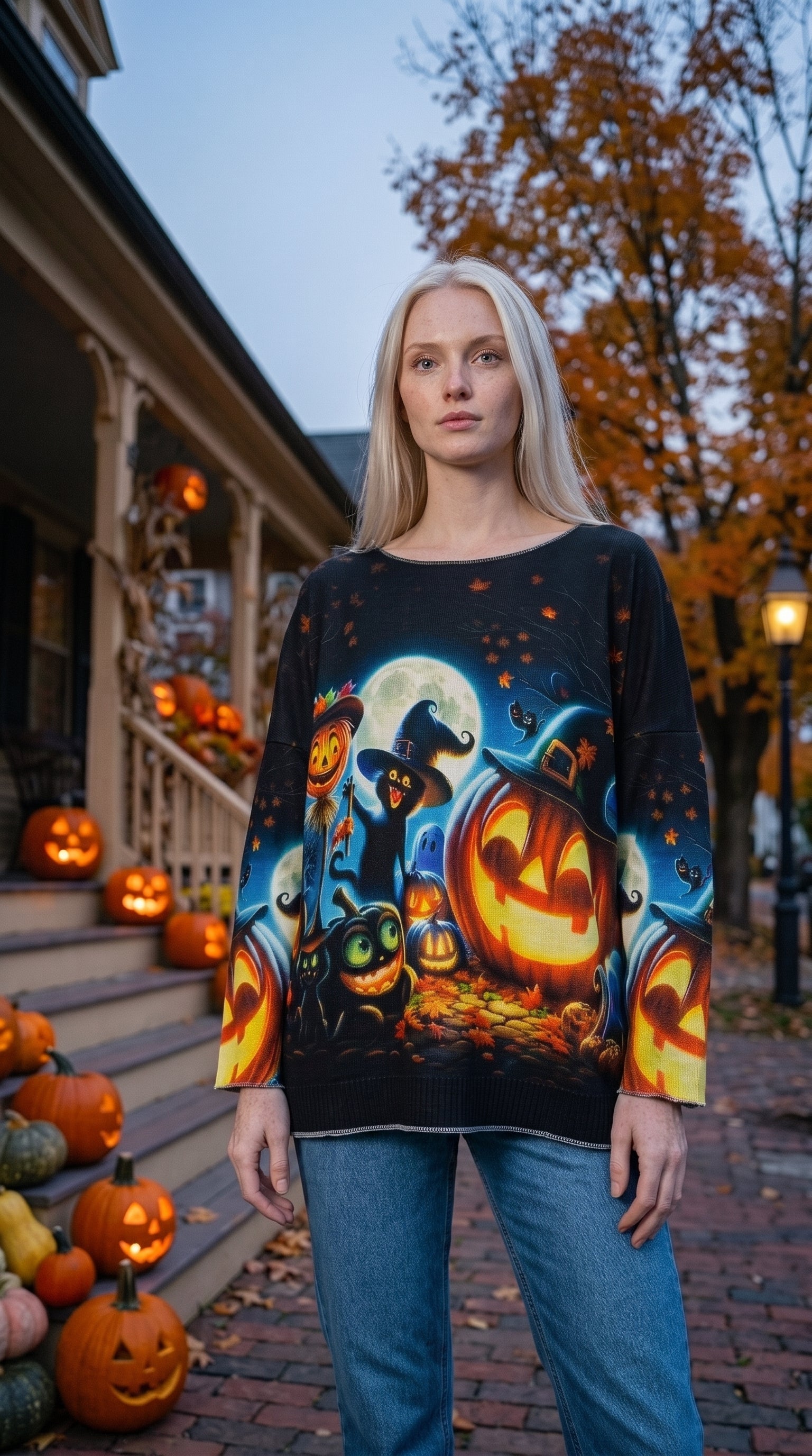 VI331 Black Cosy Halloween Witch Printed Sweater