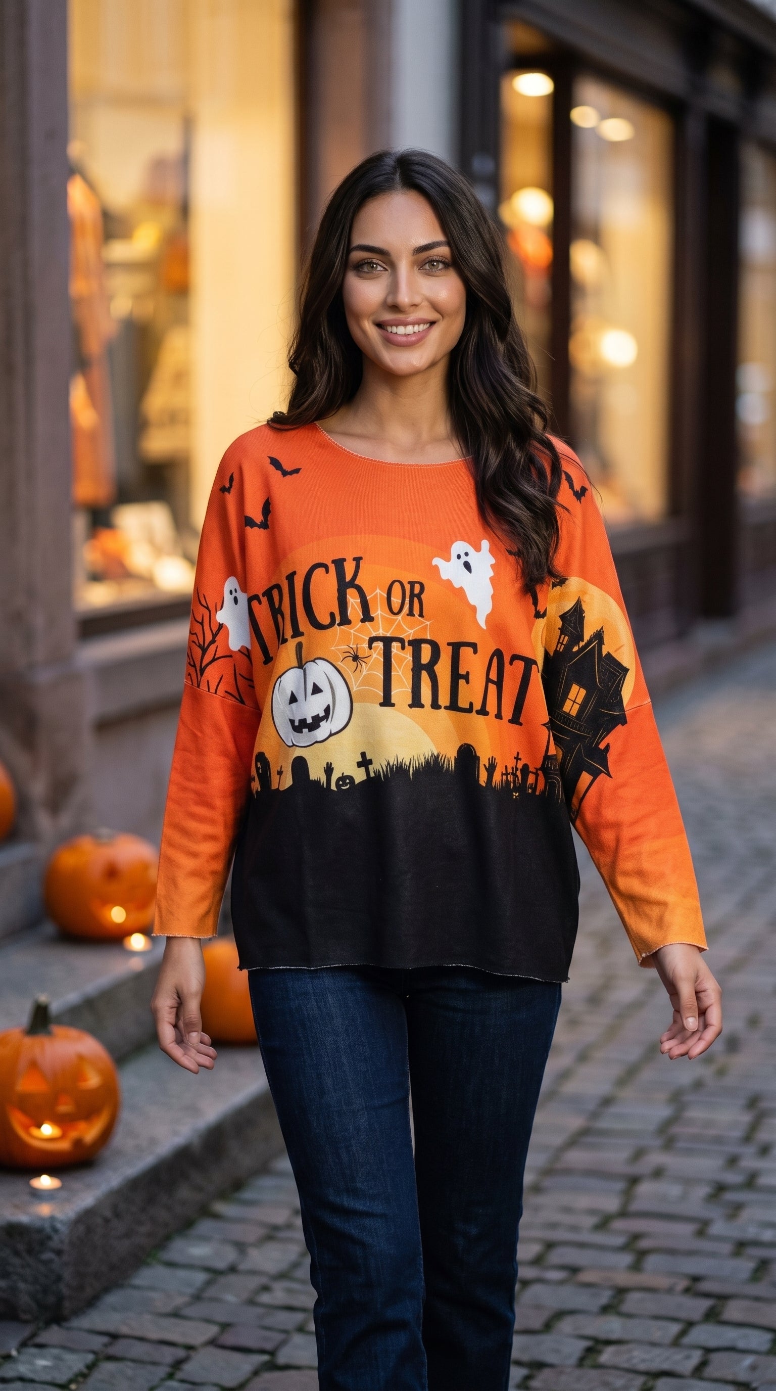VI333 Orange Cosy Halloween Treat Printed Sweater
