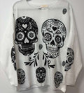 VI334 White Cosy Frida Skulls Printed Sweater