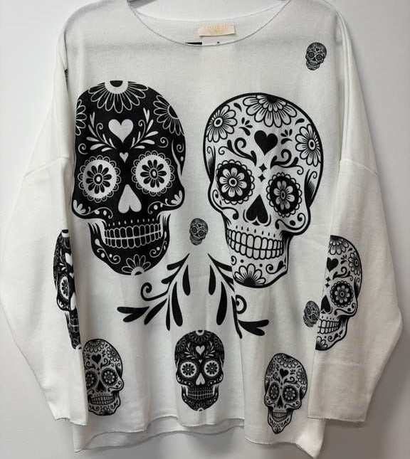 VI334 White Cosy Frida Skulls Printed Sweater