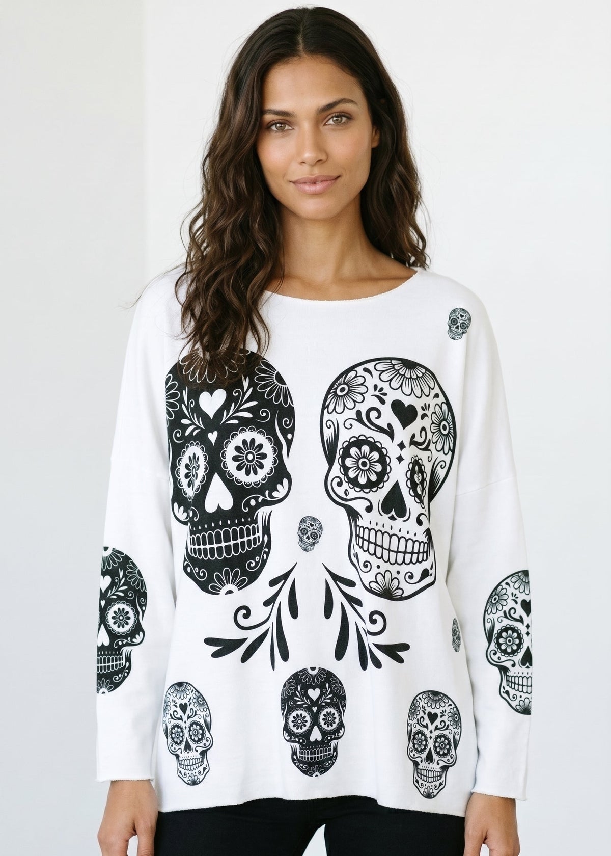 VI334 White Cosy Halloween Skulls Printed Sweater