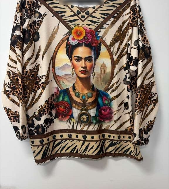 VI339 Beige Cosy Frida Portrait Printed Sweater