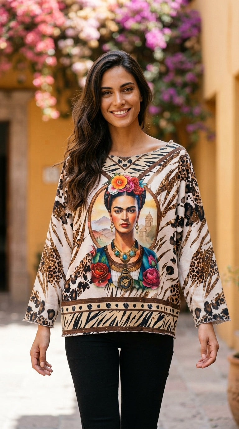 VI339 Beige Cosy Frida Portrait Printed Sweater