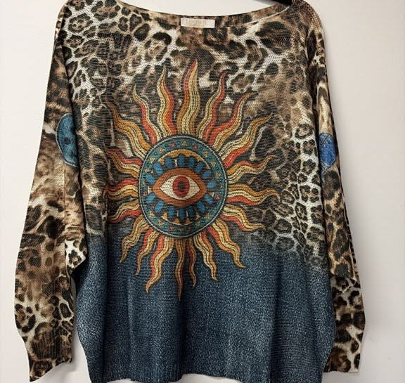 VI348 Leopard Sun Eye Printed Sweater