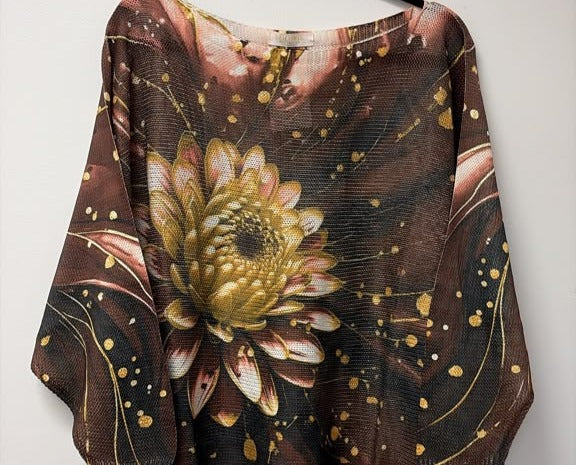 VI349 Brown Golden Lotus Printed Sweater