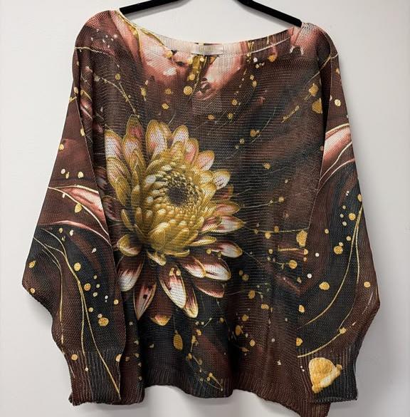 VI349 Brown Golden Lotus Printed Sweater