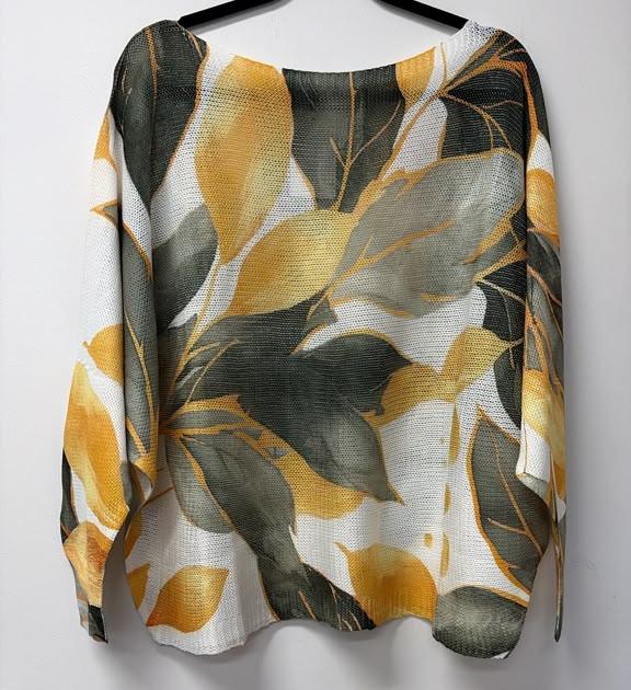 VI350 Yellow Olive Leaf Printed Sweater