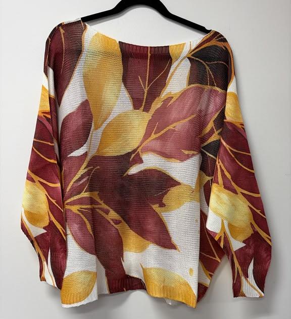 VI636 Burgundy Autumn Leaf Printed Sweater