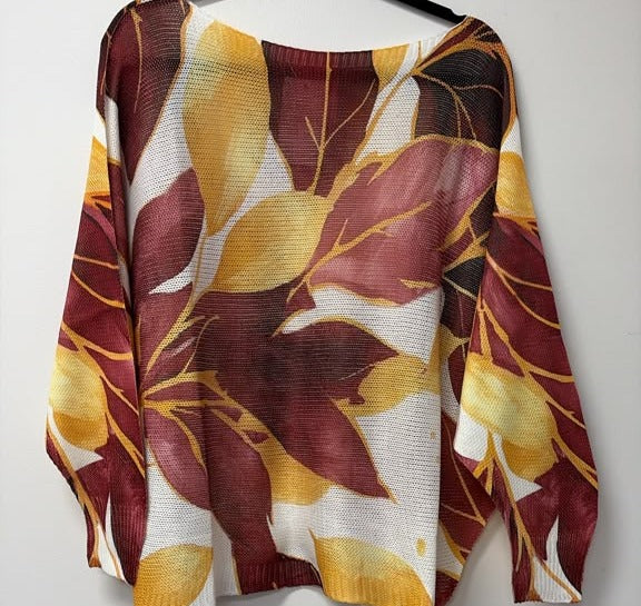 VI351 Burgundy Autumn Leaf Printed Sweater