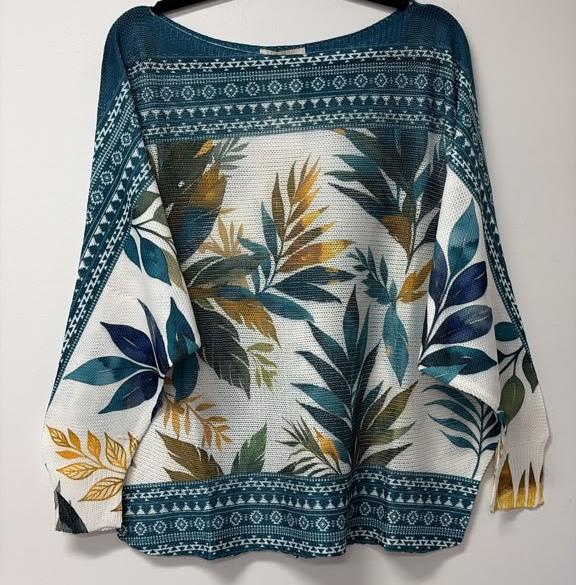VI637 Teal Tropical Leaf Printed Sweater