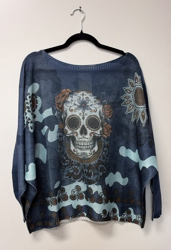 VI353 Navy Sugar Skull Printed Sweater