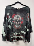 VI355 Dark Green Sugar Skull Printed Sweater