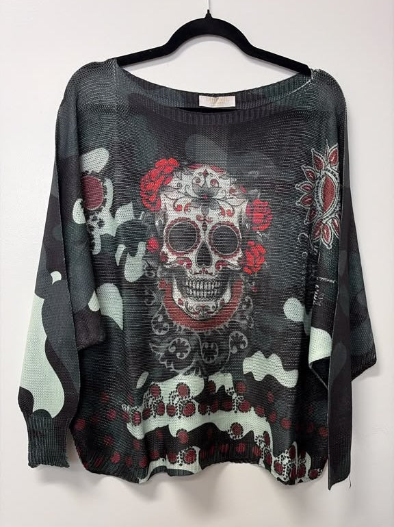 VI355 Dark Green Sugar Skull Printed Sweater