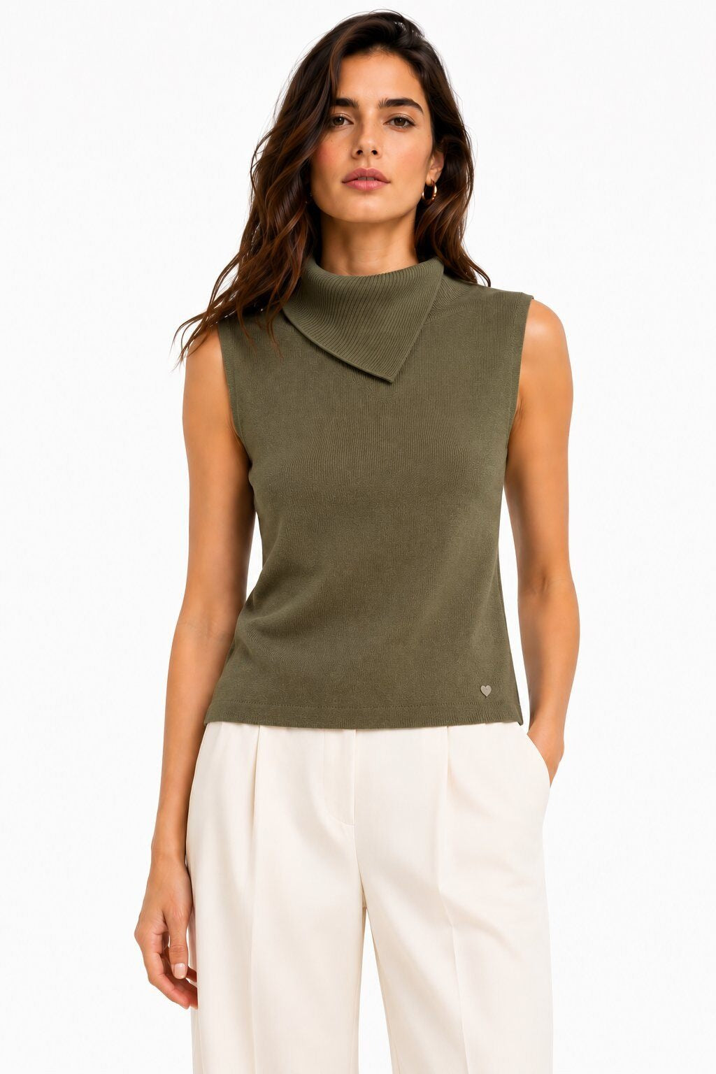 LUACT8 Khaki Asymmetric Collar Top