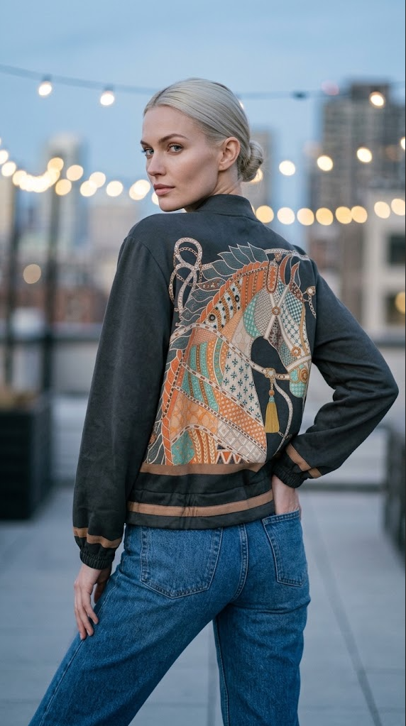 ZOJ23 Charcoal Equestrian Print Bomber Jacket