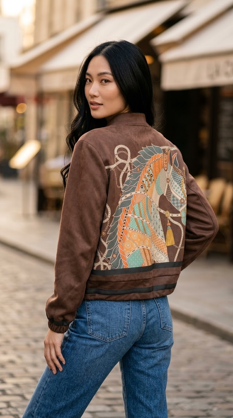 ZOJ24 Brown Equestrian Print Bomber Jacket