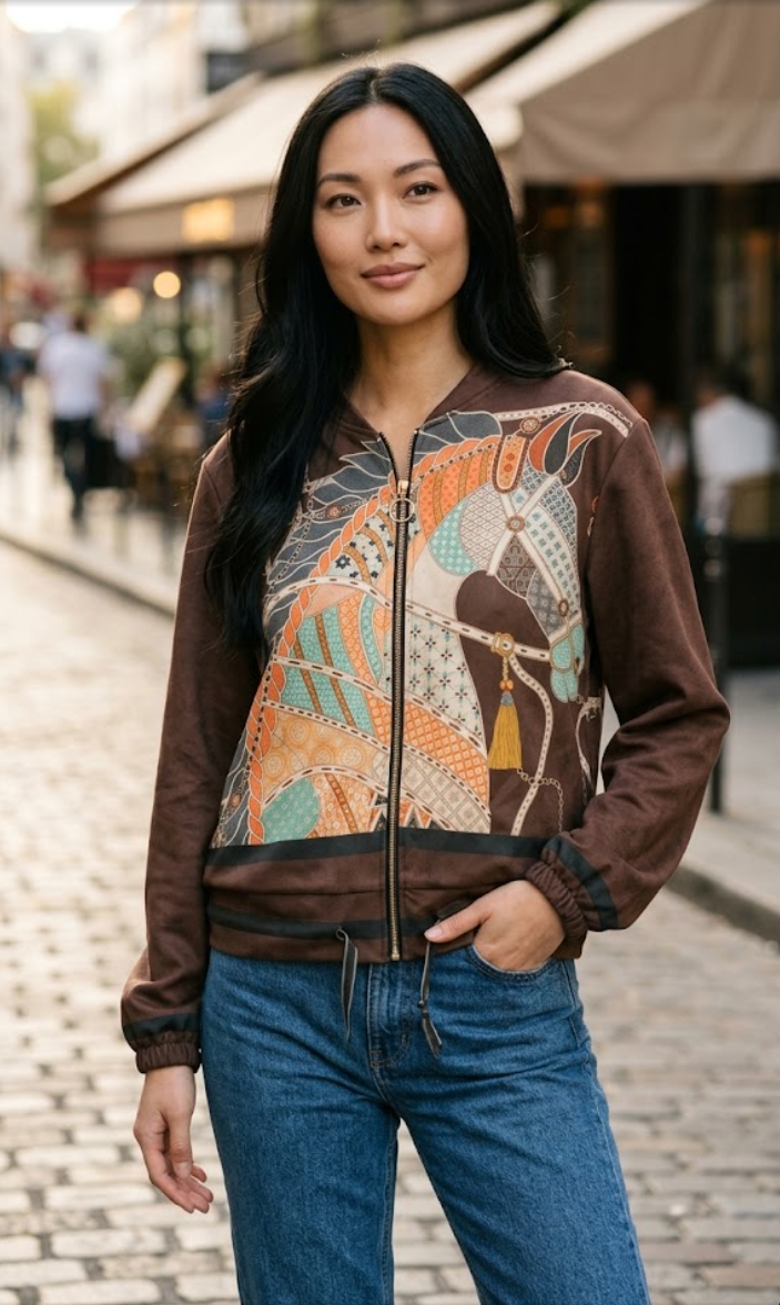 ZOJ24 Brown Equestrian Print Bomber Jacket