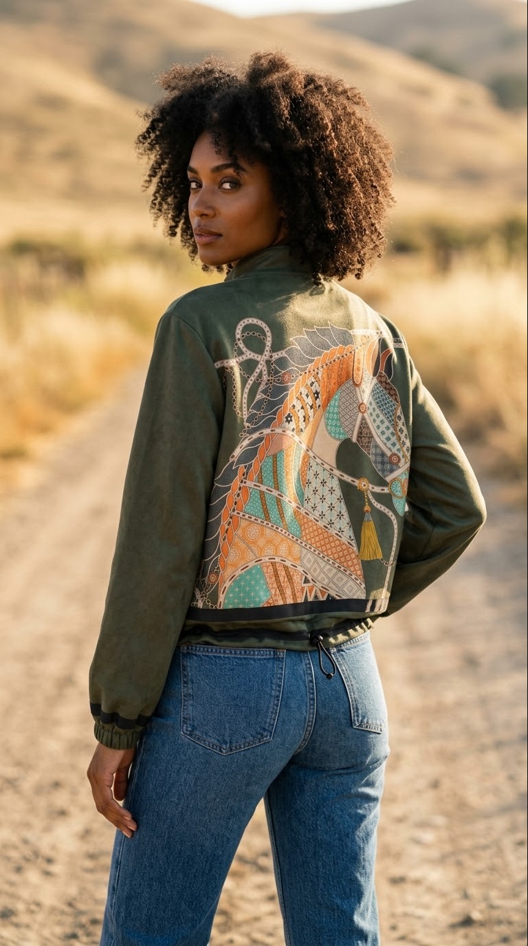 ZOJ25 Olive Equestrian Print Bomber Jacket