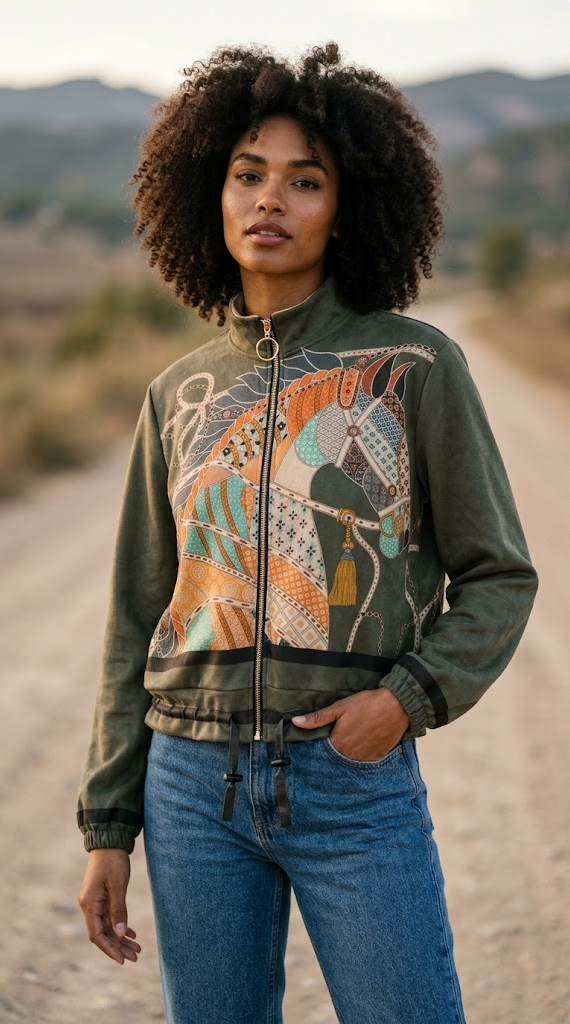 ZOJ25 Olive Equestrian Print Bomber Jacket